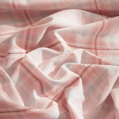 EAVD Pink Grey Grid Plaid Duvet Cover Full Washed Cotton Bedding Set 3 Pieces Modern Farmhouse Gingham Duvet Cover with 2 Pillowcases Reversible Grid Checkered Bedding Set with Zipper Closure