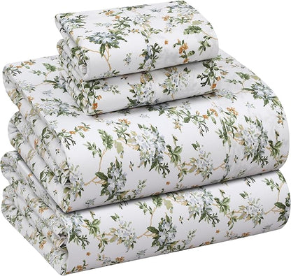 RUVANTI 100% Cotton Sheets – Queen Size Percale Bedding, Cooling & Breathable Floral Design, Durable with a Crisp, Soft & Comfortable Feel, 16" Deep Pocket, 4-Piece Set, Heritage