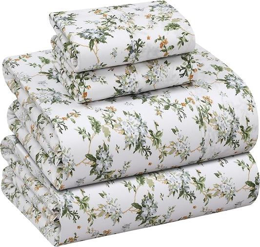 RUVANTI 100% Cotton Sheets – Queen Size Percale Bedding, Cooling & Breathable Floral Design, Durable with a Crisp, Soft & Comfortable Feel, 16" Deep Pocket, 4-Piece Set, Heritage