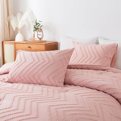 Andency Pink Comforter Set King, Boho Cute Girls Women Soft Fluffy Warm Lightweight Bedding Comforter Sets for King Bed, 3 Pieces Chevron Tufted Aesthetic Microfiber Comforter Set