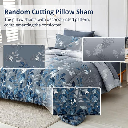 Anibedding Blue Comforter Set Queen Size 7 Piece Navy Botanical Gradient Leaves Ultra Soft Microfiber Down Alternative Bedding Set Lightweight Reversible Bed Comforter Set for All Season 90" x 90"