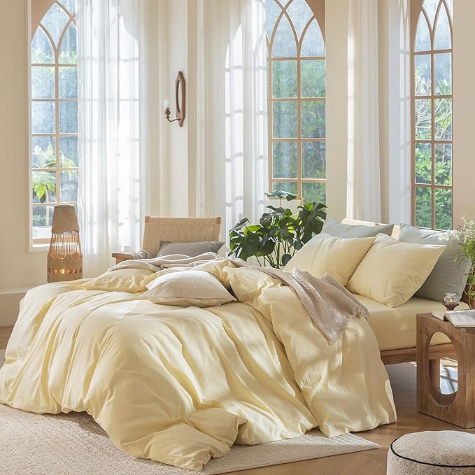 MooMee Bedding Pillowcases Pack of 2 100% Washed Cotton Linen Like Textured Breathable Durable Soft Comfy (Heathered Butter Yellow, Queen)