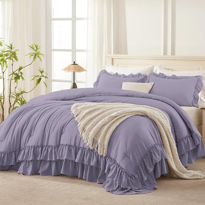 Andency Grayish Purple Comforter Set Queen Size, Lightweight Fluffy Farmhouse Ruffle Bedding Set, Soft Polyester All Season Shabby Chic Bed Comforter Set 3 Pieces(1 Comforter 2 Pillowcases)