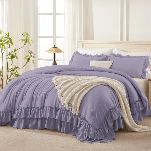 Andency Grayish Purple California King Comforter Set, 3 Pieces Lightweight Fluffy Farmhouse Shabby Chic Bedding Comforter Sets, Soft Polyester All Season Cal King Bed Sets(104x96Inch)