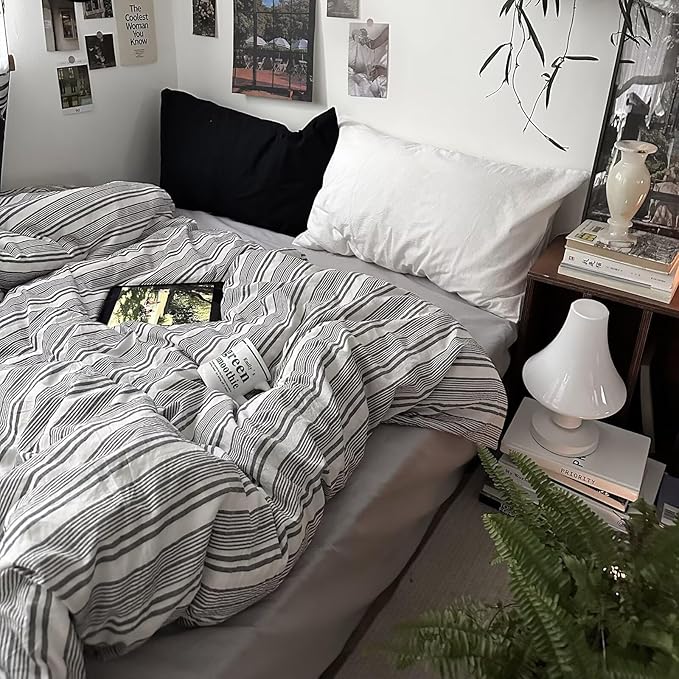 MKXI King Size Charcoal Grey & White Striped Duvet Cover Set - 3 Piece Modern Washed Cotton Bedding, Soft Breathable Comforter Cover with Zipper Closure & Corner Ties, Minimalist Geometric Design