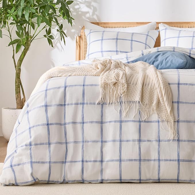 Blue Plaid Duvet Cover King, 100% Soft Washed Cotton King Size Duvet Cover Set 3 Pieces with Zipper Clousre & Corner Buttons (White/Blue Plaid, King 104 x 90)
