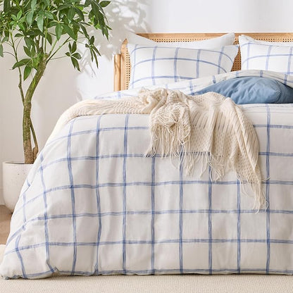 Blue Plaid Twin Duvet Cover, 100% Soft Washed Cotton Twin Size Duvet Cover Set 3 Pieces with Zipper Clousre & Corner Buttons (White/Blue Plaid, Twin 69 x 90)