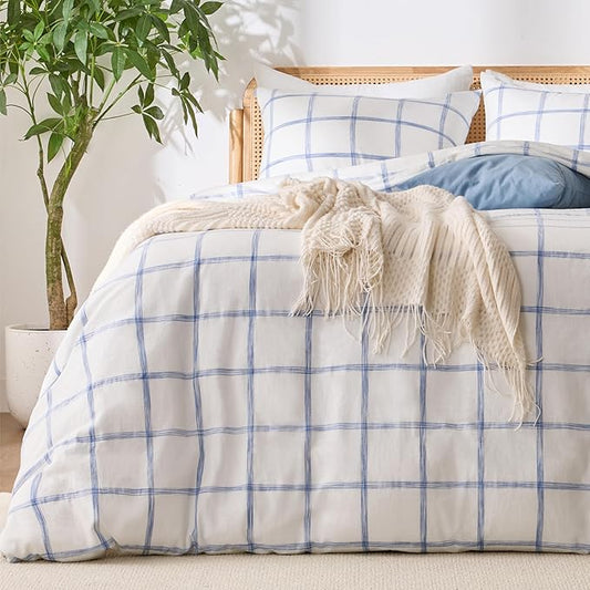 Blue Plaid Twin Duvet Cover, 100% Soft Washed Cotton Twin Size Duvet Cover Set 3 Pieces with Zipper Clousre & Corner Buttons (White/Blue Plaid, Twin 69 x 90)
