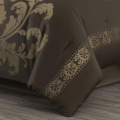 Chezmoi Collection Royale 7-Piece Jacquard Floral Comforter Set, Oversized Queen, Coffee/Gold