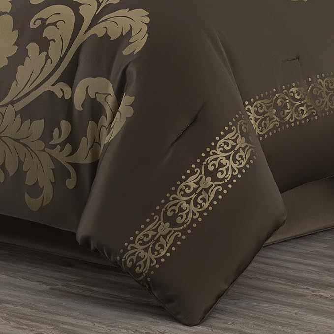 Chezmoi Collection 7-Piece Jacquard Floral Comforter Set (King, Coffee/Gold)