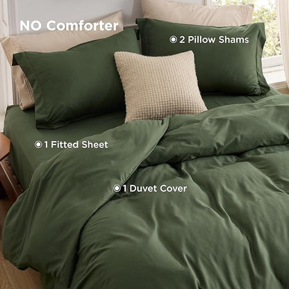 Bedsure Duvet Cover with Fitted Sheet Queen - Cooling Deep Pocket, Hotel Luxury Soft Double Brushed Bedding Set with Zipper Closure, 1 Duvet Cover, 1 Fitted Sheet, 2 Pillow Shams, NO Comforter, Green