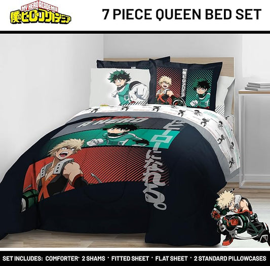 Jay Franco Kids Comforter Set Includes Sheets and Pillow Covers - Soft and Cozy Bed Set for Stylish Room Decor, Black - My Hero Academia, 7 Piece Queen Size Bedding