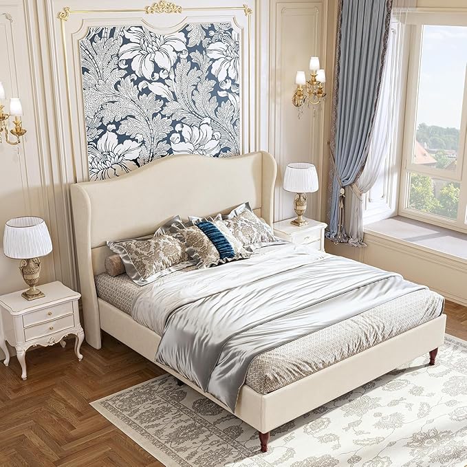 koorlian King Size Bed Frame Upholstered Platform Bed with 51" Tall Headboard Wingback, Soft Fabric, Retro Simple Style Platform Bed No Box Spring Needed, Easy Assembly, Beige