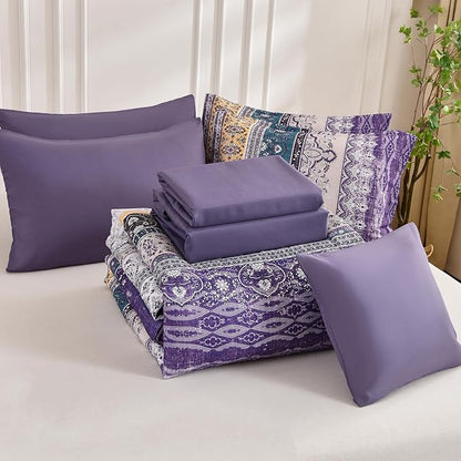 Cottolester Boho Comforter Set California King Size 8 Pieces,Violet Bohemian Striped Bed in a Bag, Paisley Soft Microfiber Bedding Comforter Set