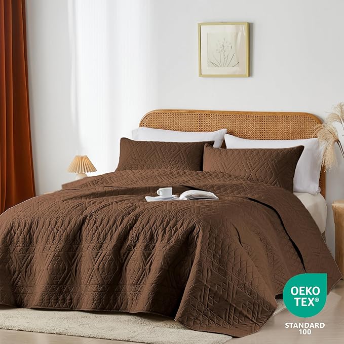 akkialla Twin Size Quilt Bedding Set,Brown Lightweight Microfiber Soft Bedspreads,Modern Style Geoetric Pattern Coverlet Set for All Seasons,2 Piece(1 Quilt,1Pillow Sham)