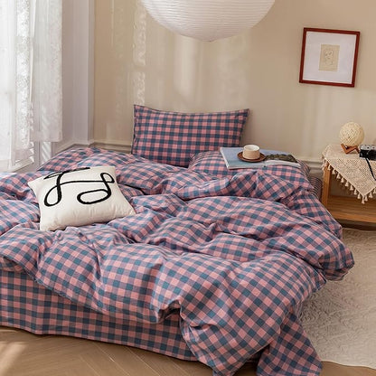 EAVD Gingham Comforter Set Queen Purple Pink Grid Plaid Comforter Set Soft Fluffy Grid Checkered Pattern Bedding Set with 2 Pillowcases Modern Farmhouse Gingham Bedding Set for All-Season