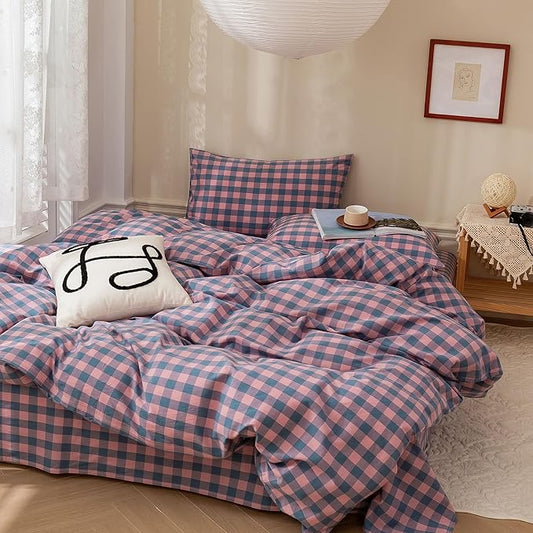 EAVD Gingham Comforter Set Full Purple Pink Grid Plaid Comforter Set Soft Fluffy Grid Checkered Pattern Bedding Set with 2 Pillowcases Modern Farmhouse Gingham Bedding Set for All-Season