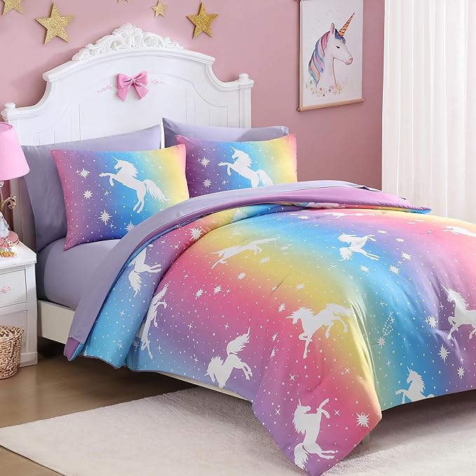 Full Comforter Set for Girls Kids - 7 Pieces Rainbow Unicorn Full Size Bedding Sets for Kids, Soft Cozy Bed in A Bag with Sheets
