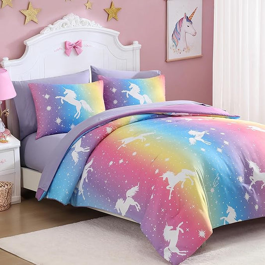 Full Comforter Set for Girls Kids - 7 Pieces Rainbow Unicorn Full Size Bedding Sets for Kids, Soft Cozy Bed in A Bag with Sheets
