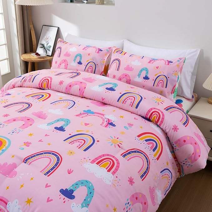 Btargot Lightweight Soft 3 Piece Rainbow Comforter Set with 2 Pillow Covers, Cartoon Love Hearts Suns and Stars Bedding Set for Girls Boys Kids, Twin Light Pink
