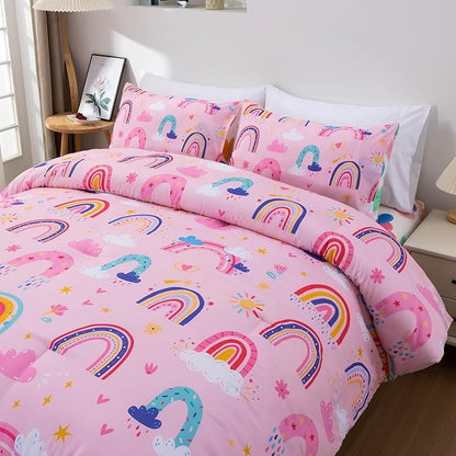 Btargot Lightweight Soft 3 Piece Rainbow Comforter Set with 2 Pillow Covers, Cartoon Love Hearts Suns and Stars Bedding Set for Girls Boys Kids, Queen Light Pink