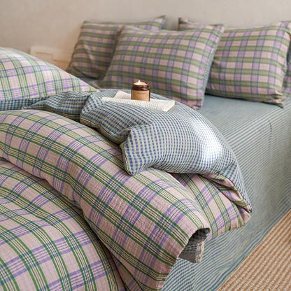 EAVD Vintage Style Pastel Pink Plaid Duvet Cover Set Full Soft 100% Cotton Muslin Retro Green&Purple Grid Plaid Bedding Set with 2 Pillowcases Aesthetic Gingham Duvet Cover with Zipper Closure