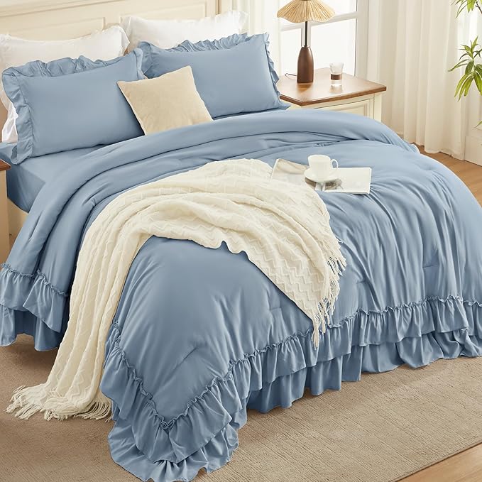 Andency Grayish Blue Queen Comforter Set, 3 Pieces Farmhouse Shabby Chic Ruffle Bedding Comforter Sets, All Season Lightweight Fluffy Soft Polyester Bed Set for Boys, Men, Adults (90x90Inch)