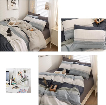LifeTB Cotton Striped Duvet Cover Set Queen White Blue Gray Stripes Pattern Comforter Cover Geometric Striped Bedding Set Modern Soft Geometric Print Duvet Cover for Men Boys Farmhouse Bedding Set