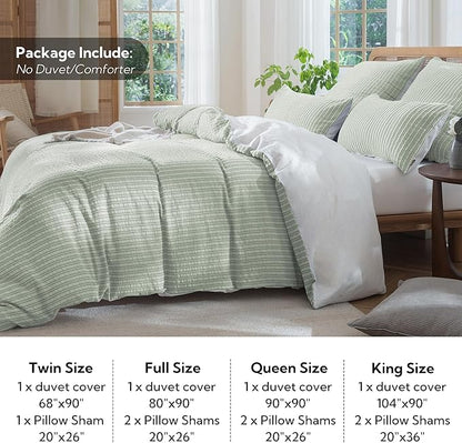 MILDLY Jacquard Stripe Duvet Cover - Sage Green 100% Washed Cotton Boho Textured Comforter Cover Set with Zipper Closure 68"x90"