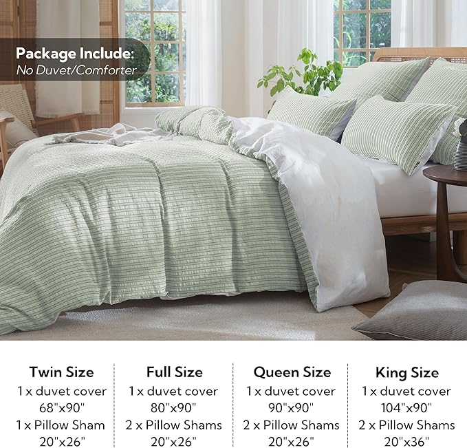 MILDLY Jacquard Stripe Duvet Cover - Sage Green 100% Washed Cotton Boho Textured Comforter Cover Set with Zipper Closure 104"x90"