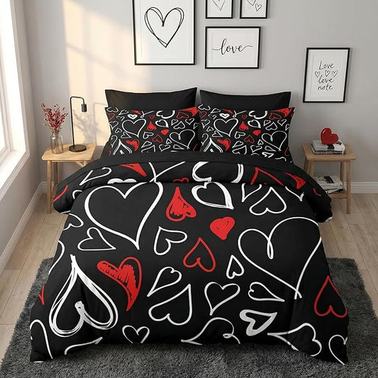 Nesker Comforter Set King Size, Heart Love Red Black 7 Pcs Bedding for Kids and Adults, My Happy Valentine Bed Sheet Sets with Fitted Sheet 2 Pillowcases & 2 Shams