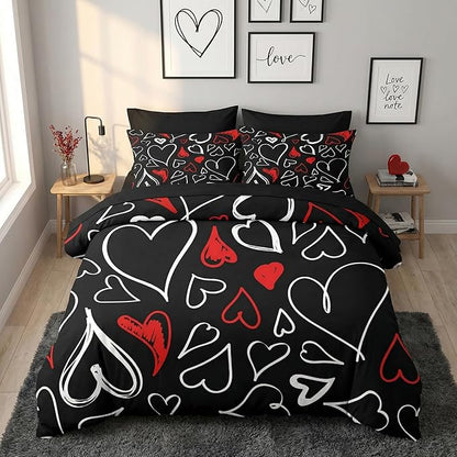Nesker Comforter Set Twin Size, Heart Love Red Black 5 Pcs Bedding for Kids and Adults, My Happy Valentine Bed Sheet Sets with Fitted Sheet Pillowcase & Sham