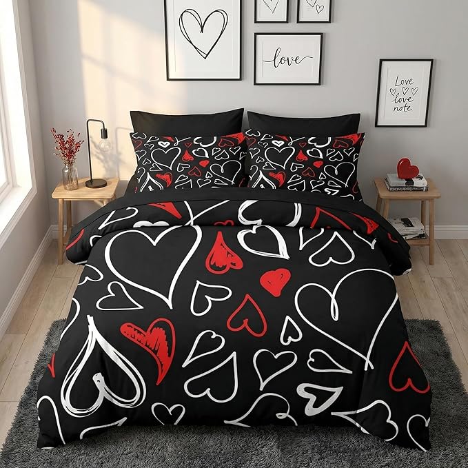 Nesker Comforter Set Full Size, Heart Love Red Black 7 Pcs Bedding for Kids and Adults, My Happy Valentine Bed Sheet Sets with Fitted Sheet 2 Pillowcases & 2 Shams