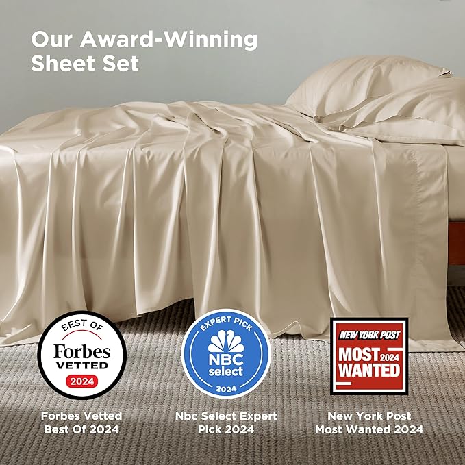 Bedsure Full Size Bed Sheets, Cooling Sheets, Rayon Derived from Bamboo, PureWoven, Breathable & Soft, Deep Pocket Up to 16 Inches, Hotel Luxury Silky Bedding for Hot Sleepers, Beige