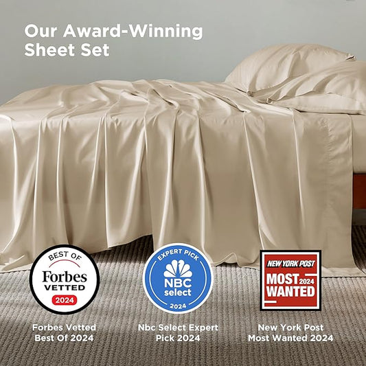 Bedsure King Size Sheet Set, Cooling Sheets, Rayon Derived from Bamboo, Deep Pocket Up to 16", PureWoven, Breathable & Soft, Bed Sheets, Hotel Luxury Silky Bedding for Hot Sleepers, Beige