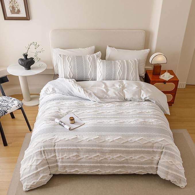 Luxlovery Boho White Comforter Set Twin Teens Kids Farmhouse White Black Jacquard Bedding Set Bohemian Country Blanket Quilts Durable Soft Breathable 3PCS Comforter Set Twin Bed