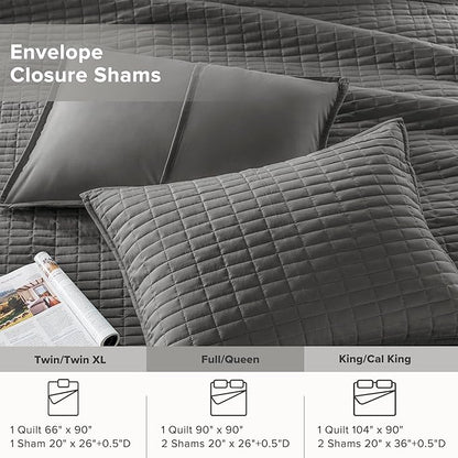 Comfort Spaces Kienna Quilt Set- Double Sided Stitching Design Summer Blanket, Lightweight, Soft, All Season Bedding Layer, Matching Sham, Charcoal, Coverlet Full/Queen(90"x90") 3 Piece
