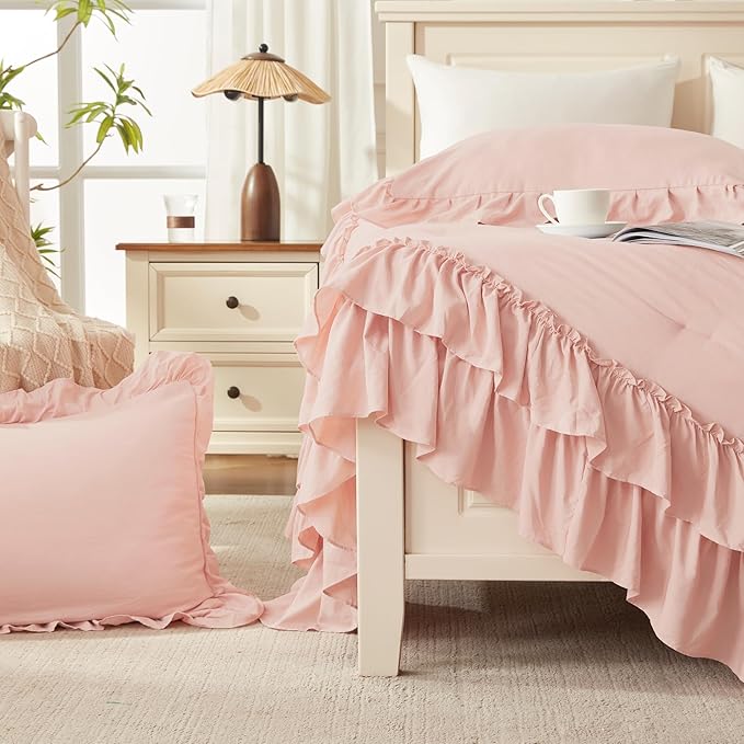 Andency Blush Full Size Comforter Set, Shabby Chic Bedding Comforter Set for All Seasons, 3 Pieces Lightweight Soft Western Modern Bed Set for Women Girls