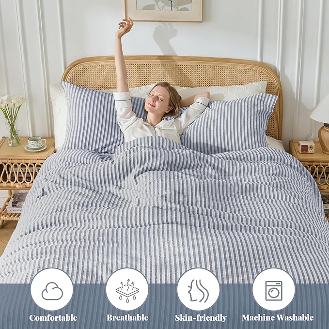 MILDLY Blue Striped Duvet Cover - 100% Washed Cotton Jacquard Textured Comforter Cover with Dual Zipper Closure & 8 Coner Ties