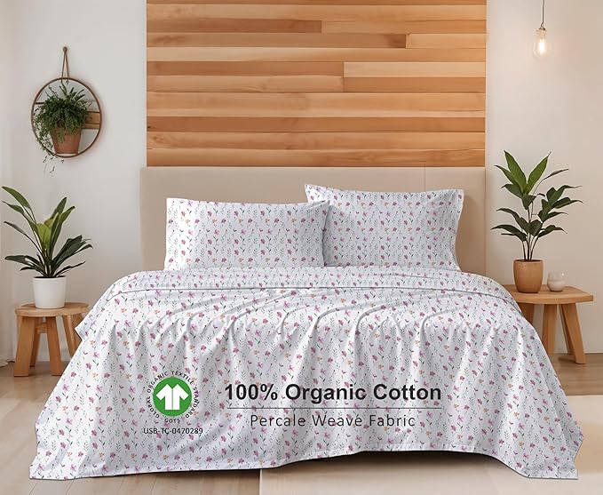 RUVANTI 100% Organic Cotton Sheets Queen Size, Percale Weave, GOTS Certified, 4-Piece Set, Deep Pocket 15", Crisp & Breathable, Soft Durable Bedding, Sábanas Algodón Orgánico – Obsessed Stems