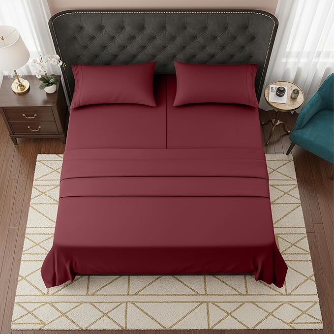Elegant Comfort Luxurious 1500 Premium Hotel Quality Microfiber Three Line Embroidered Softest 5-Piece Bed Sheet Set, Wrinkle and Fade Resistant, Split King, Burgundy