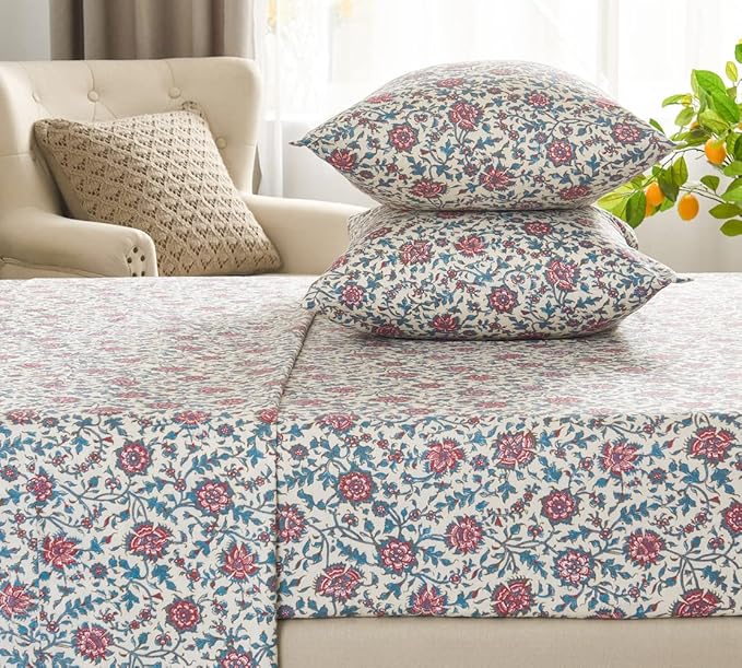 DAUAOTO Cotton Sheets Set California King Printed Bedding Sets, Country Rustic Floral Pattern Bedlinen for Cal King Bed Up to 14" Deep Mattress