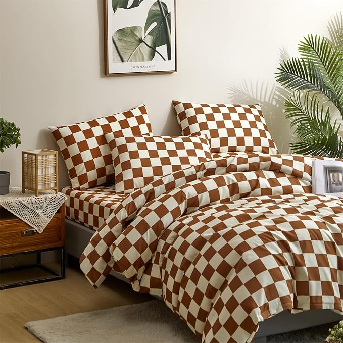 Houseri Brown Plaid Comforter Set Twin Size White and Camel Grid Bedding Comforters Twin Boys Girls Kids Modern Pumpkin Checkerboard Dorm Bed Comforter Preppy Buffalo Checkered Twin Comforter Sets