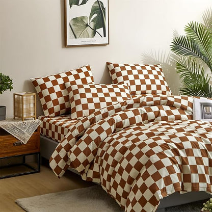 Houseri Brown Plaid Comforter Set Twin Size White and Camel Grid Bedding Comforters Twin Boys Girls Kids Modern Pumpkin Checkerboard Dorm Bed Comforter Preppy Buffalo Checkered Twin Comforter Sets