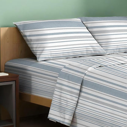 TEXAS LINEN CO. 100% Organic Cotton Printed Sheets Twin Size - 3 PC Organic Cotton Percale Sheets Twin Set (Dotted Stripe), Cooling Sheet for Dorm Room, 16" Deep Pocket Hotel Bedding - GOTS Certified