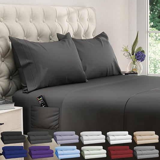 DREAMCARE Full Size Sheets - Cooling Bed Sheets - 4pcs Set - up to 15" Deep Pocket Full Sheet Set - Sheets Full Size Bed - Soft & Long Lasting 100% Fine Brushed Polyester with Side Pocket - Gray