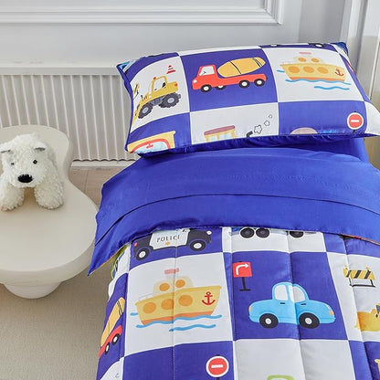 White Navy Toddler Bedding Set for Boys Girls Colorful Cars Vehicle Auto Fire Engine Bulldozer 4PC Toddler Bed Set - Soft Cute Toddler Plaid Patchwork Bed in a Bag with Sheet Set and Pillow Shams