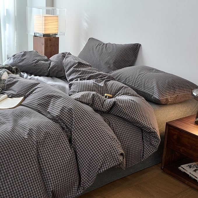 Gingham Queen Duvet Covers Grey Washed Cotton Queen Comforter Cover Plaid Checkered Pattern Vintage Duvet Cover Set with Hidden Zipper Farmhouse Boho Bedding Set for Adults Duvet Protector