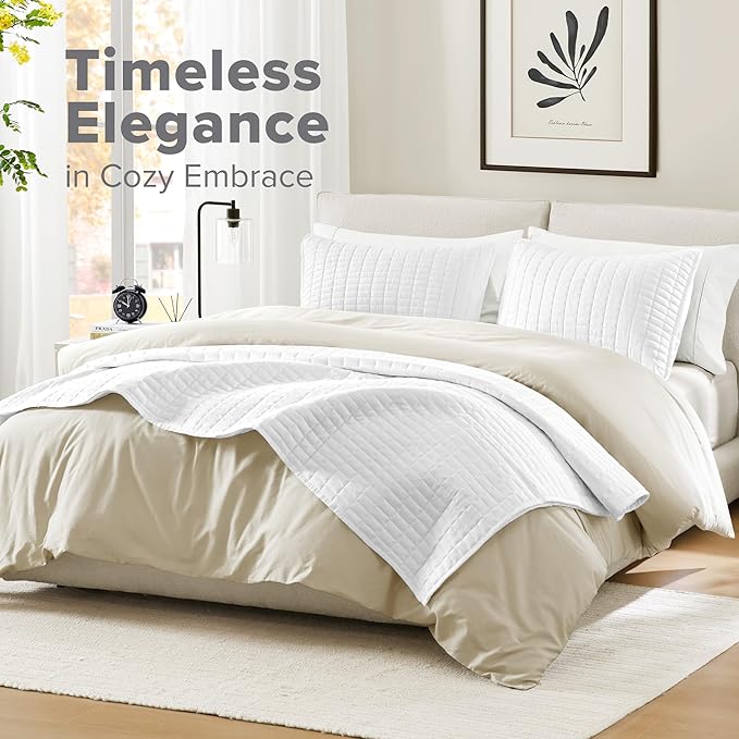 Comfort Spaces Kienna Quilt Set- Double Sided Stitching Design Summer Blanket, Lightweight, Soft, All Season Bedding Layer, Matching Sham, White, Coverlet King (104"x90") 3 Piece