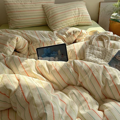 EAVD Vintage Colorful Striped Comforter Set Full Soft Cotton 3-Piece Retro Vertical Striped Bedding Set with 2 Pillowcases Boho Geometric Comforter Set for All-Season(Orange&Yellow&Green, Full)